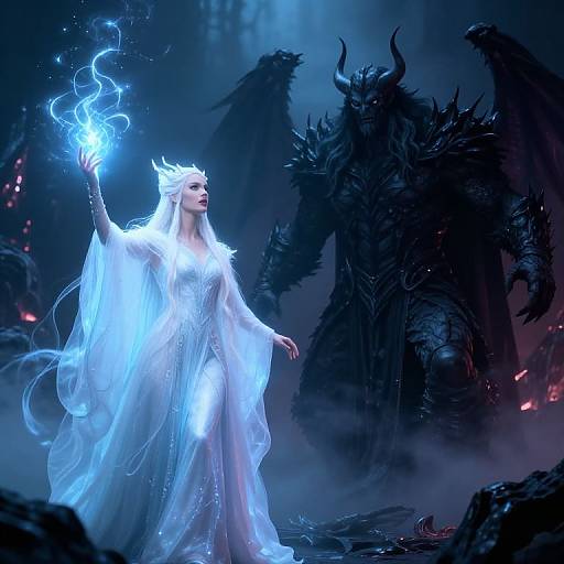 Digital fantasy artwork: A glowing, ethereal white-haired woman with a flowing gown conjures blue fire, facing a dark, horned, winged