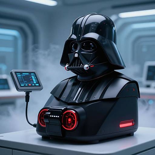 Digital CGI of glossy black Darth Vader robot with red lights, breathing smoke, connected to a control panel in a futuristic lab.