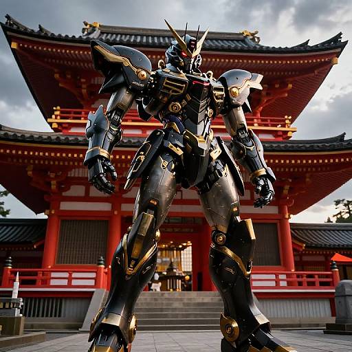 Photograph of a black and gold robotic warrior standing in front of a traditional Japanese red and white temple with cloudy sky.