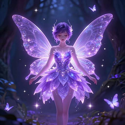 Digital fantasy artwork of a glowing, ethereal fairy with purple wings and dress, surrounded by sparkling lights and purple butterflies in a dark forest.