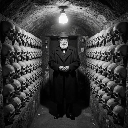 Elderly Man in Skull-Filled Catacomb