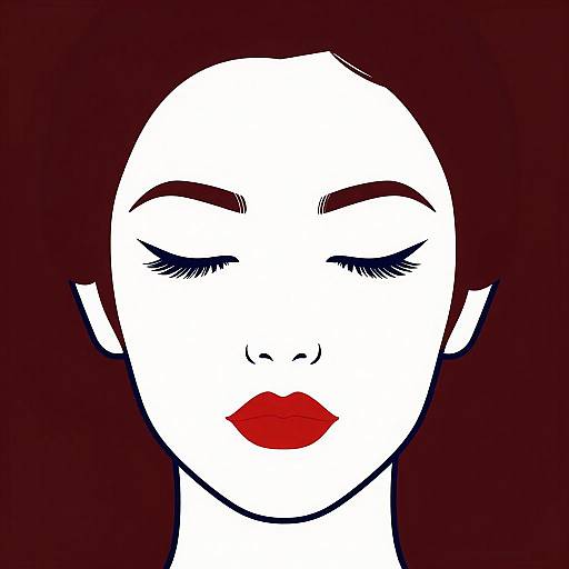 Digital drawing of a white-faced woman with closed eyes, red lipstick, and black arched eyebrows against a dark maroon background.