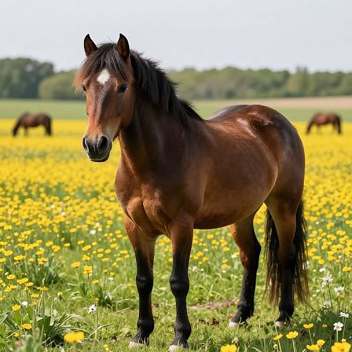 Photograph of a brown horse with a white blaze on its forehead standing in a vibrant yellow wildflower field, with distant horses grazing in the background.