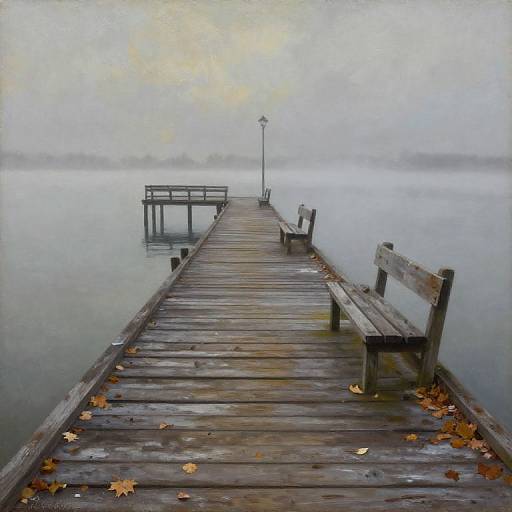 Misty wooden pier extends into calm, fog-covered lake, with scattered autumn leaves, a single bench, and distant tree line.
