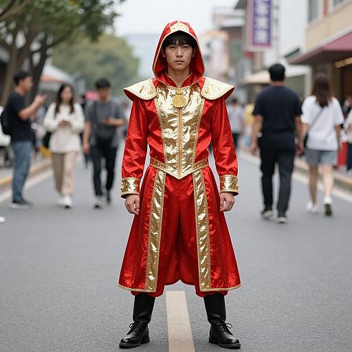 Photograph of an Asian man in a red and gold hooded, long-sleeve robe, standing confidently in a busy urban street. Blurred