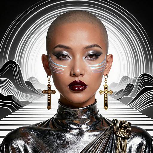 Photograph of a bald woman with dark skin, metallic silver outfit, dark red lipstick, white face markings, gold cross earrings, and abstract black-and