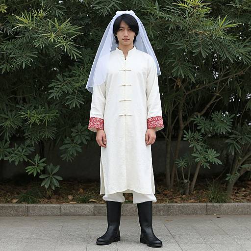 Photograph of an Asian woman in white traditional dress, red embroidered cuffs, black boots, white veil, standing against green foliage.