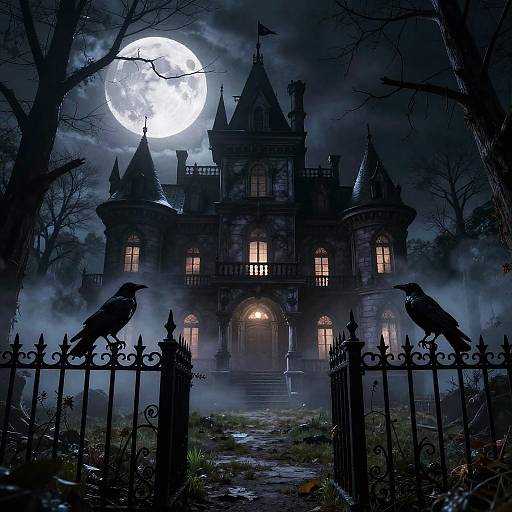 Moonlit Haunted Manor with Ravens