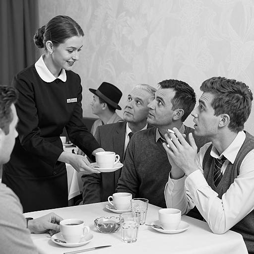 Waitress Serving Coffee to Men in Restaurant
