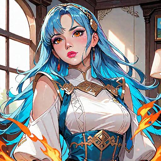 Anime Girl with Blue Hair and Flames Indoors
