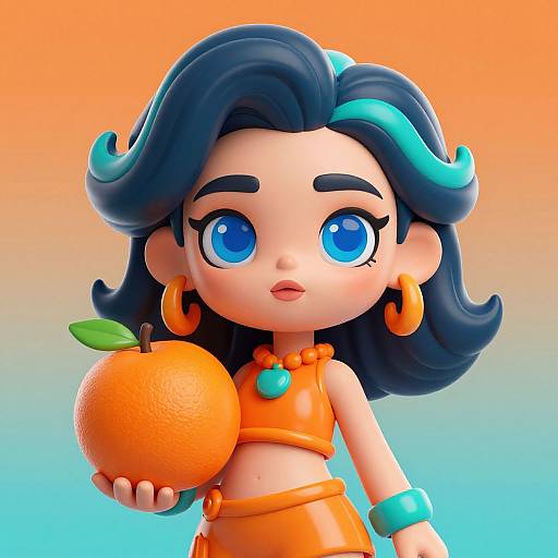 Digital cartoon of a cute, blue-eyed girl with dark blue hair, orange outfit, hoop earrings, holding an orange against gradient orange-blue background.