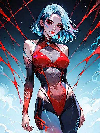 Futuristic Girl in Red Mesh Bodysuit