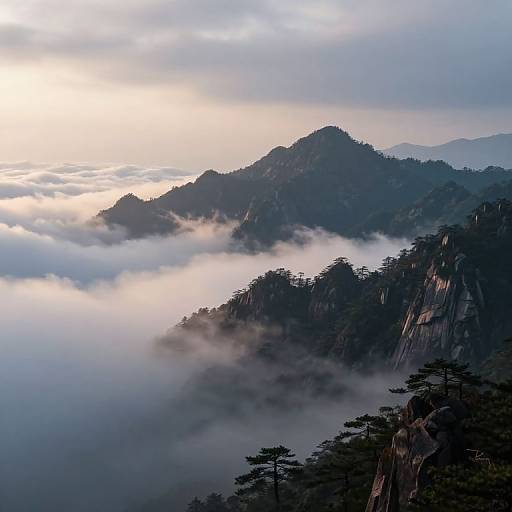 Photograph of mist-covered mountain range at dawn, with fog swirling between dark, rocky peaks and tall pine trees in the foreground.