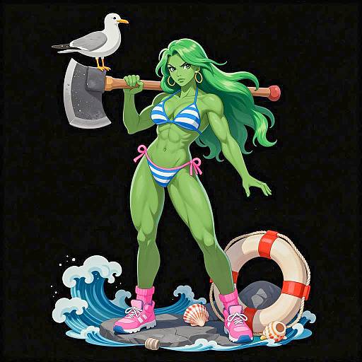 Muscular Green-Skinned Warrior by the Sea