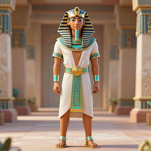 CGI image of an Egyptian pharaoh child with dark skin, striped headdress, white robe, turquoise accents, standing in an ancient temple.