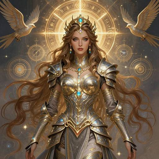 Digital art of a regal, fair-skinned woman with long, wavy brown hair, wearing gold and blue armored gown, crowned with a diamond