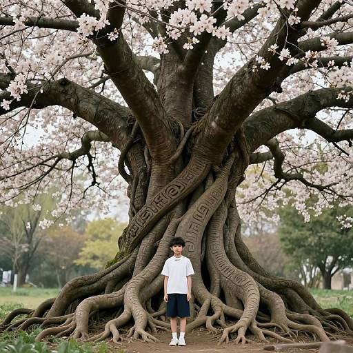 Boy Standing by Giant Mystical Tree with Blossoms