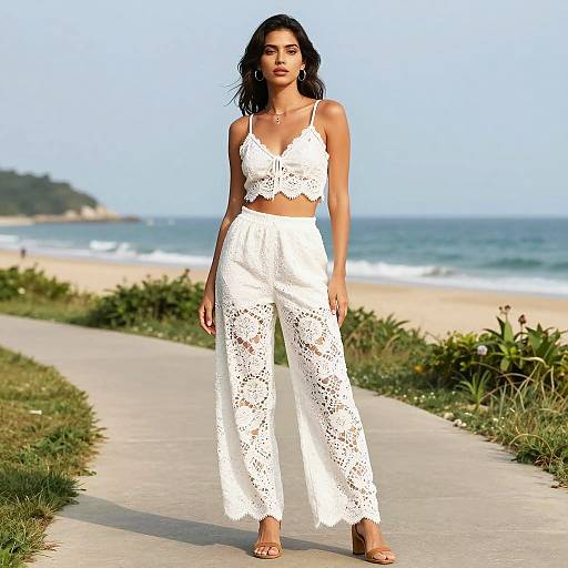 Woman in White Lace Outfit on Beachfront Path