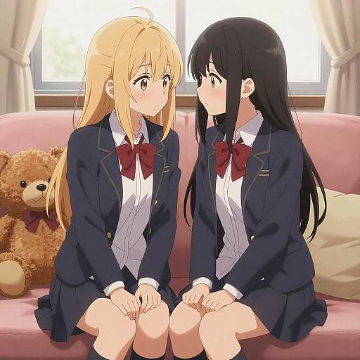 Anime Schoolgirls Sitting on Couch