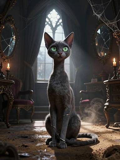 Photorealistic digital artwork of a sleek black cat with piercing green eyes, sitting in a dark, gothic-style room with candles, spider webs,
