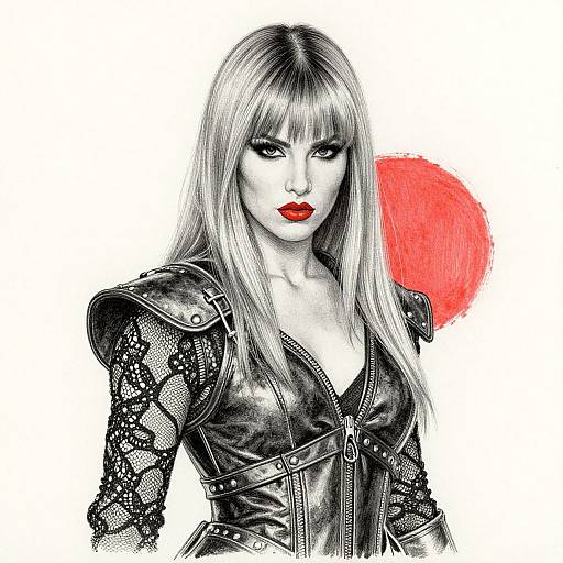 Digital illustration of a pale-skinned woman with long blonde hair, red lipstick, black leather jacket with lace sleeves, and red circular background.