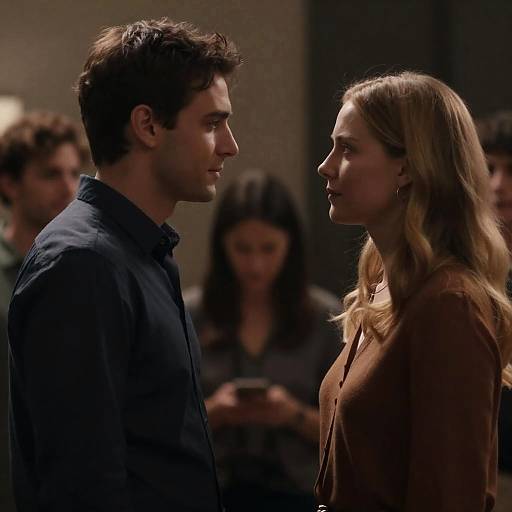 Man and Woman Facing Each Other in Dimly Lit Room