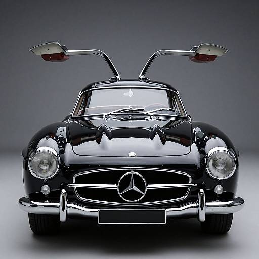 Photorealistic CGI of a shiny black vintage Mercedes-Benz 300SLR with distinctive antennae-like rearview mirrors, centered against a gradient gray background