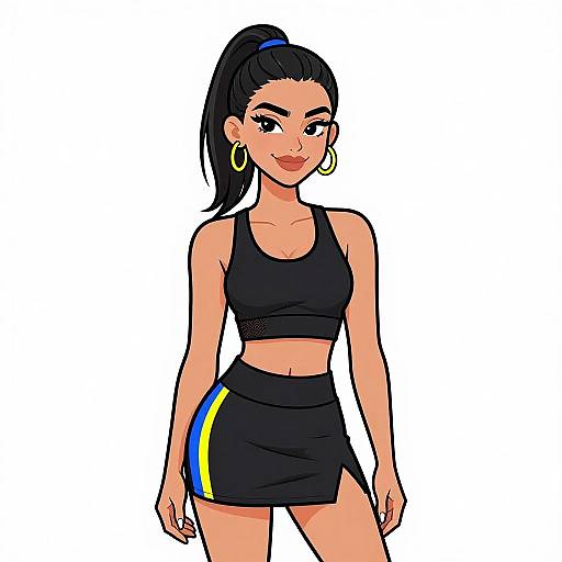 Digital drawing of a confident young woman with tan skin, black hair in a high ponytail, wearing a black sports bra, black skirt with yellow and