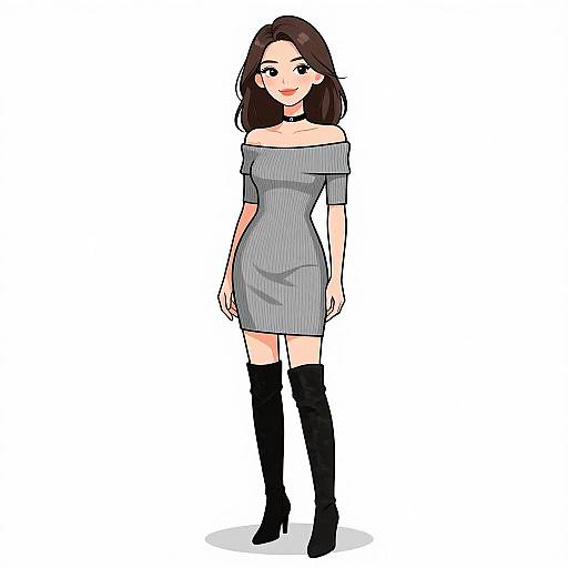Digital anime-style drawing of a smiling young woman with long brown hair, wearing an off-shoulder gray dress and black thigh-high boots, standing against