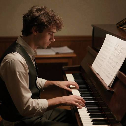 Focused Man Playing Piano in Warm Room