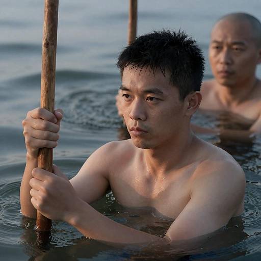 Two Asian Men Holding Wooden Sticks in Water at Dusk