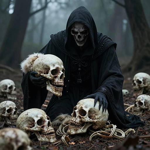 Dark, hooded figure with skeletal face holds skull, surrounded by scattered bones in a misty, forested graveyard at night. Digital art.