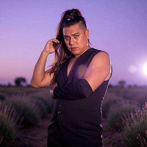 Photograph of a muscular, Latina woman with long, dark hair in a ponytail, wearing a black sleeveless top, standing confidently in a grass