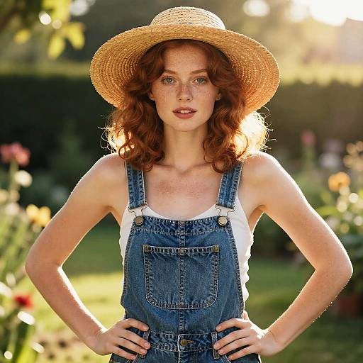 Photograph of a fair-skinned, red-haired woman wearing denim overalls, white tank top, and straw hat, standing confidently in a sunlit