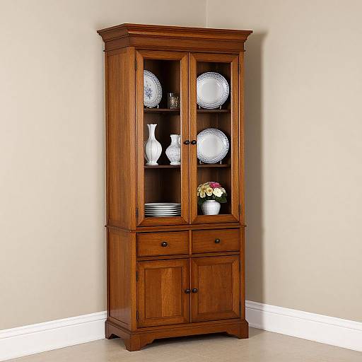 Photograph of a tall, wooden china cabinet with glass doors, displaying white plates, vases, and flowers, set in a corner against beige walls