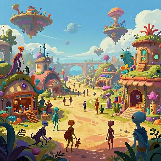 Vibrant digital art of a whimsical, futuristic village with floating structures, colorful buildings, and diverse, small, stylized humanoid figures strolling