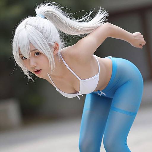 Digital CGI of a white-haired Asian woman with large breasts, wearing a white crop top and blue sheer leggings, leaning forward outdoors.