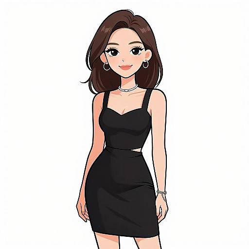 Digital anime-style drawing of a smiling woman with dark brown hair, wearing a black strapless dress, hoop earrings, and a bracelet, standing against a