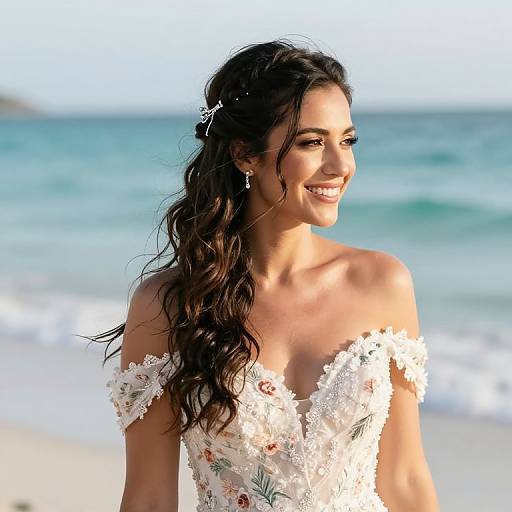 Photograph of a smiling woman with long wavy brown hair, wearing an off-shoulder white floral dress, standing on a sunny beach with turquoise
