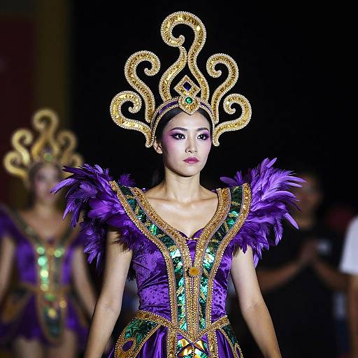 Photograph of a striking female model in a vibrant purple costume with gold embellishments, purple feathers, and a glittering gold headdress, walking on