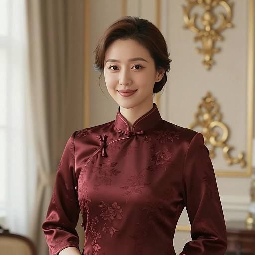 Elegant Asian Woman in Traditional Maroon Silk Dress