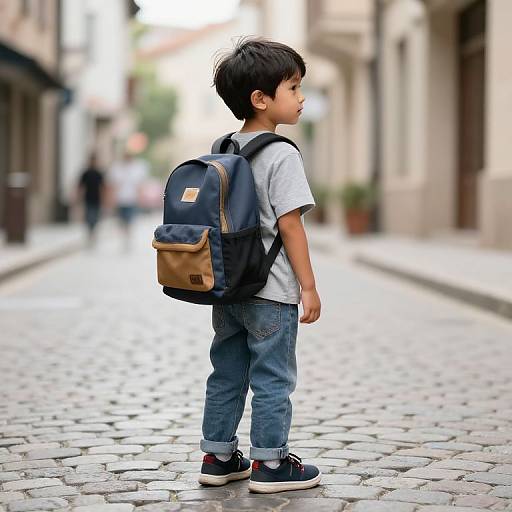 Boy with Backpack on Cobblestone Street