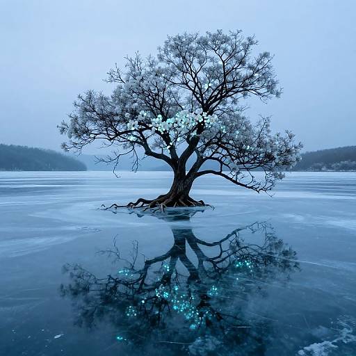 Photograph of a bare, snow-laden tree with white blossoms, standing in a calm, blue-tinged lake, reflecting its glowing blue