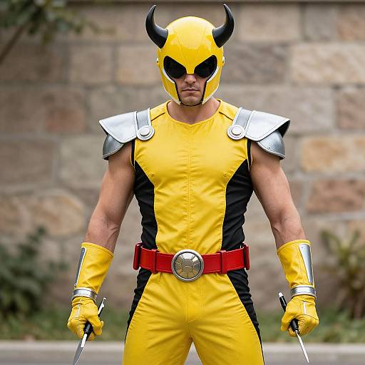 Photograph of a muscular man in a yellow and black superhero costume with black horns, silver shoulder plates, red belt, and yellow gloves, holding dual