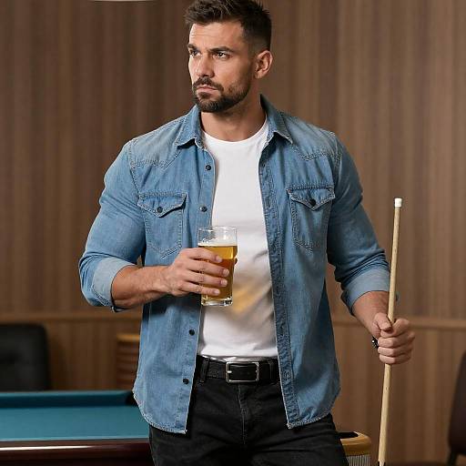 Muscular Man Holding Beer and Cue