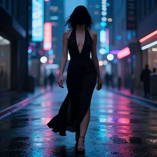 Silhouetted woman in a deep V-neck black dress walking down a neon-lit, rainy city street at night, wearing black heels.