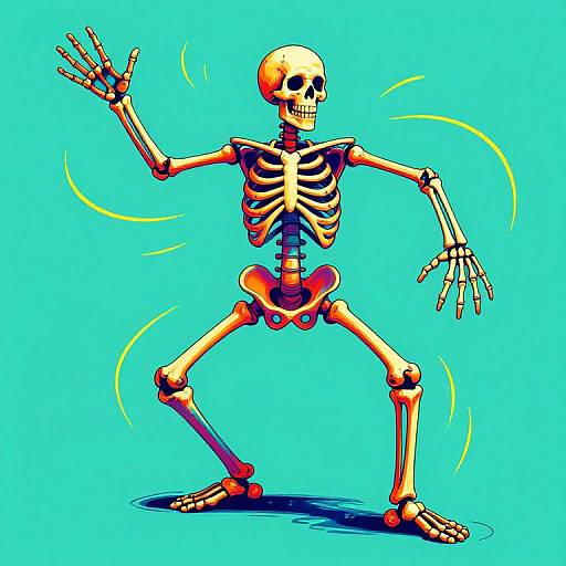 Colorful digital illustration of a dancing skeleton with raised right hand, bright yellow bones, and orange joints on a turquoise background.