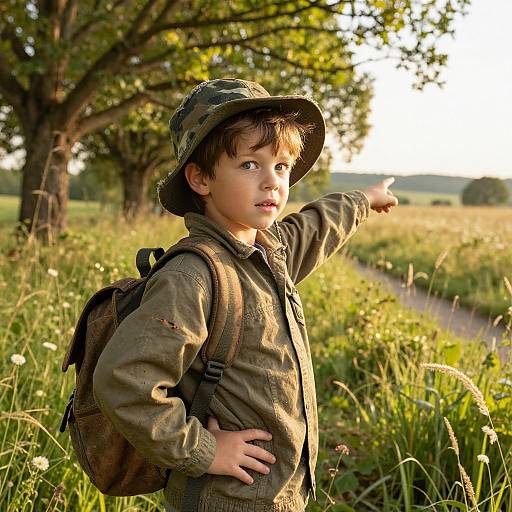Photograph of a young boy in camouflage military-style outfit and hat, pointing forward, with a backpack, standing in a sunlit grassy field with