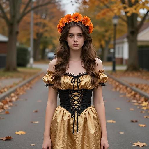 Young Woman in Autumn Costume with Floral Crown