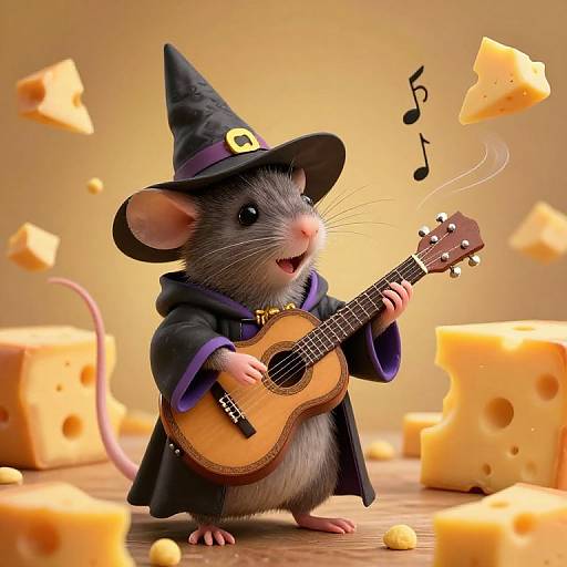 Cute CGI mouse in a witch hat and cloak, playing a tiny guitar with floating cheese cubes and musical notes.
